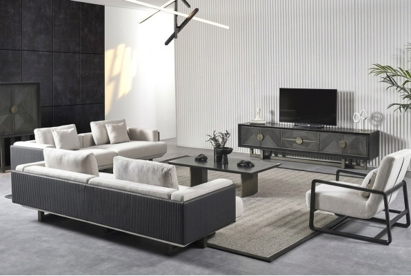 Mobilier de salon moderne en brun avec canapés et fauteuils