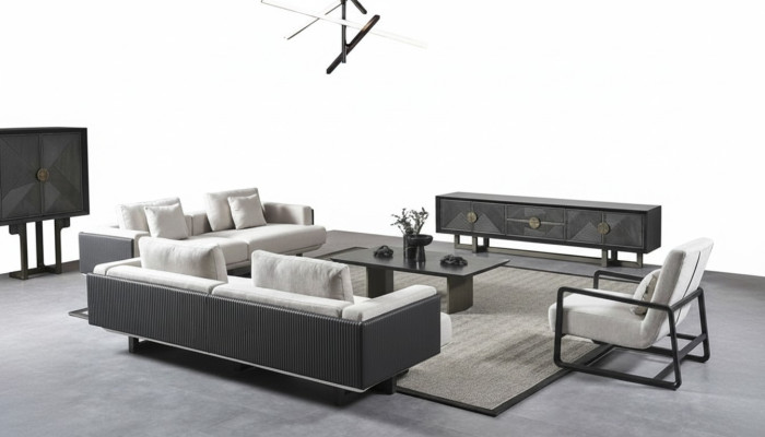 Mobilier de salon moderne en brun avec canapés et fauteuils
