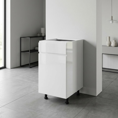 Armoire de cuisine blanche avec tiroirs et pieds