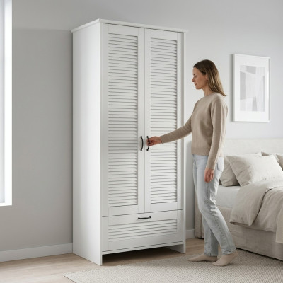 Armoire en tissu blanche avec tiroir et porte-vêtements