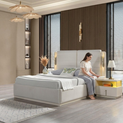 Lit élégant rembourré avec 3 tables de nuit, ensemble de 3 pièces