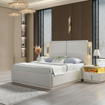 Lit élégant rembourré avec 3 tables de nuit, ensemble de 3 pièces