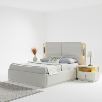 Lit élégant rembourré avec 3 tables de nuit, ensemble de 3 pièces