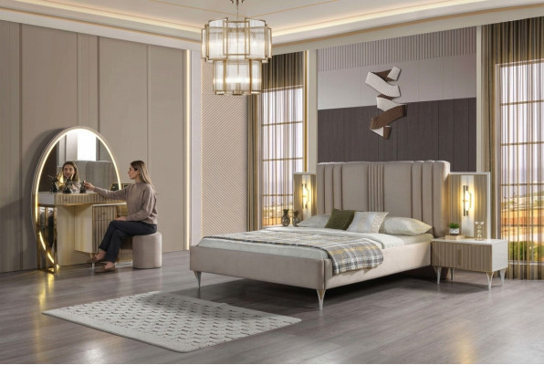 Lit moderne avec trois tables de nuit