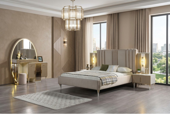 Lit moderne avec trois tables de nuit