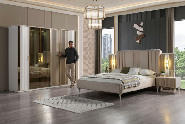 Ensemble de meubles de chambre à coucher avec lit, 2 tables de nuit et armoire moderne, 4 pièces