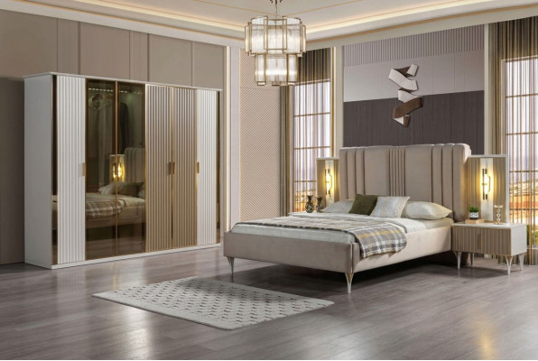 Ensemble de meubles de chambre à coucher avec lit, 2 tables de nuit et armoire moderne, 4 pièces