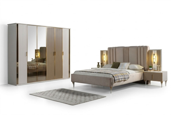 Ensemble de meubles de chambre à coucher avec lit, 2 tables de nuit et armoire moderne, 4 pièces