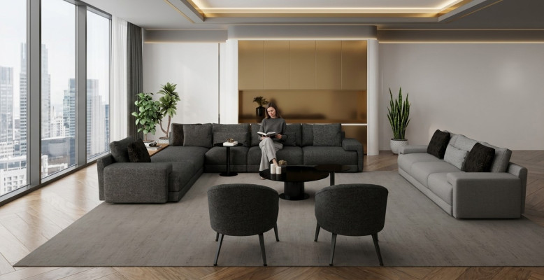 Canapé d'angle élégant avec deux fauteuils, alliant design et confort