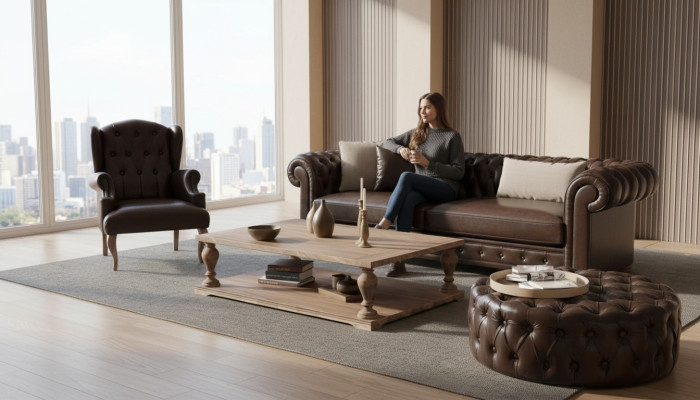 Canapé élégant, fauteuil et pouf. Un véritable confort