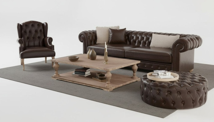 Canapé élégant, fauteuil et pouf. Un véritable confort