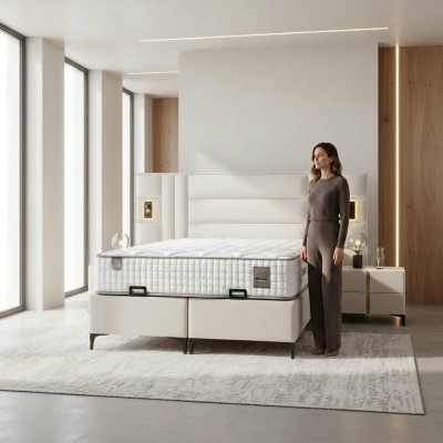 Lit élégant blanc avec matelas en textile et en bois