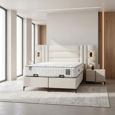 Lit élégant blanc avec matelas en textile et en bois