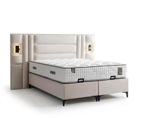 Lit élégant blanc avec matelas en textile et en bois
