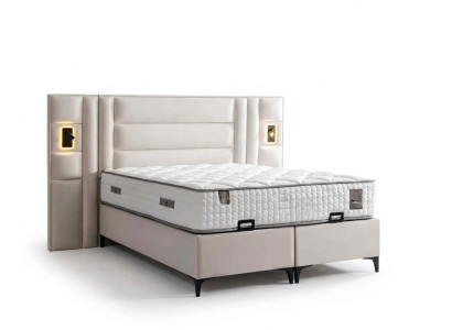 Lit élégant blanc avec matelas en textile et en bois