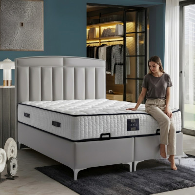Lit moderne gris avec matelas en textile et en bois