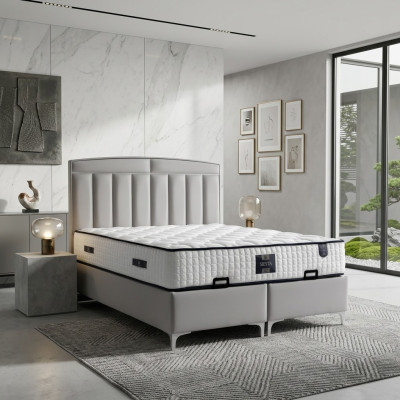 Lit moderne gris avec matelas en textile et en bois