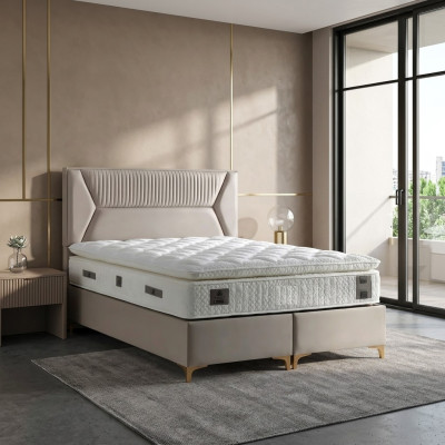 Lit élégant beige avec matelas en textile et en bois