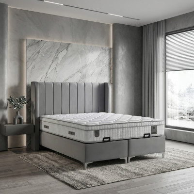 Lit élégant gris avec matelas en textile et en bois