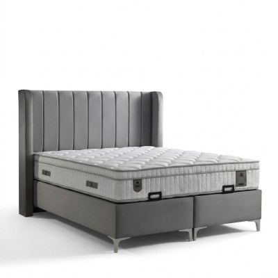 Lit élégant gris avec matelas en textile et en bois