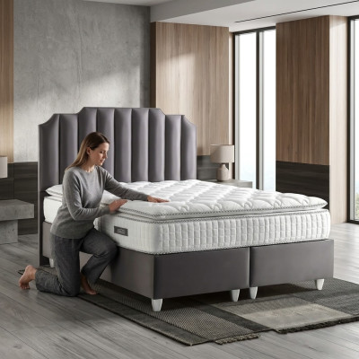 Lit élégant gris avec matelas en tissu et en bois