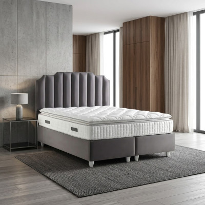 Lit élégant gris avec matelas en tissu et en bois