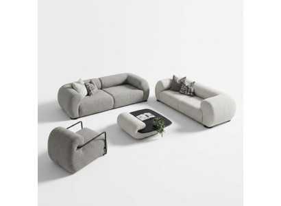 Moderner Wohnzimmer Set aus Textil in Grau mit Holzdetails