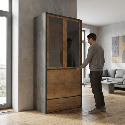 Buffet de cuisine avec portes en verre et étagères