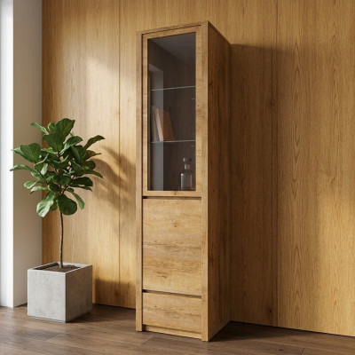 Vitrine en lasure avec buffet de cuisine, étagères en verre et tiroir