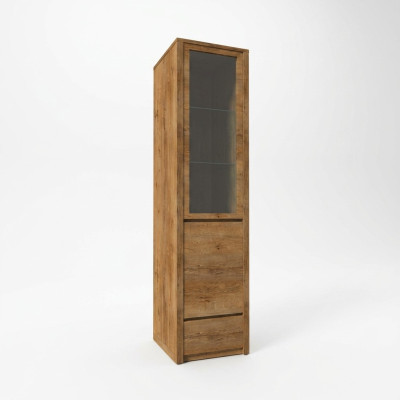 Vitrine en lasure avec buffet de cuisine, étagères en verre et tiroir