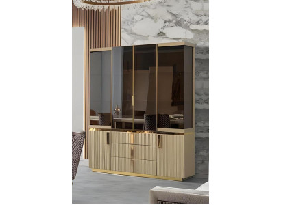 Exklusive Vitrine mit Glas Türen strukturierter Front Gold Akzenten