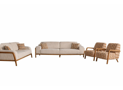 Wohnzimmer-Set Sessel 3-Sitzer-Sofa Weiche Armlehnen Holzrahmen Beige
