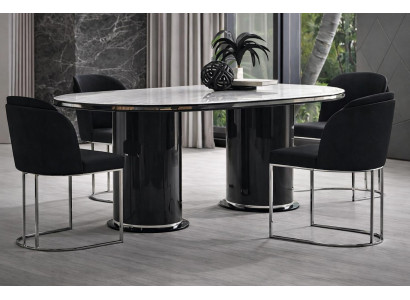 Elegantes ovales Esstisch-Set mit schwarzen Stühlen und Chromakzenten