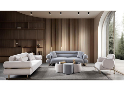 Luxuriöses beige-graues Wohnzimmer-Set 3+3+1-Sitzer Wohnzimmermöbel 3 Teile