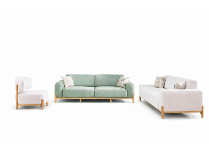 Wohnzimmer-Set 3-Sitzer-Sofa Weiß Grün Moderner Stil Holzarmlehnen