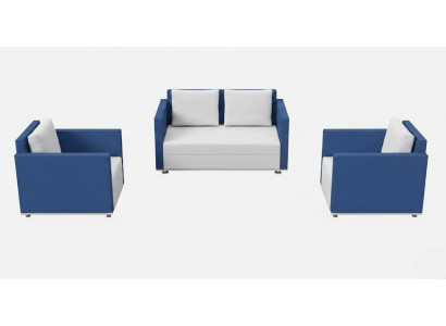 Komfort Lounge Set Blau Weiß mit Sofa und zwei Sesseln