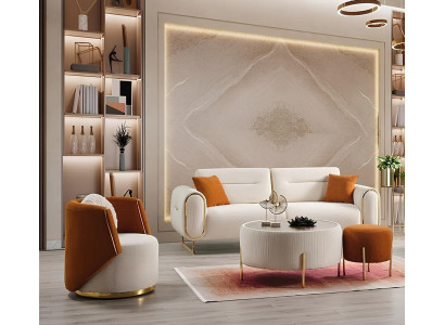 Luxuriöses weißes Wohnzimmer-Set 3+1-Sitzer Stilvolles Sofa Stoffsessel 2 tlg