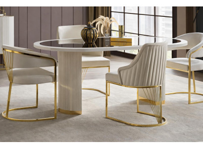 Elegantes Esszimmer-Set mit ovalem Tisch und Stühlen in Weiß und Gold
