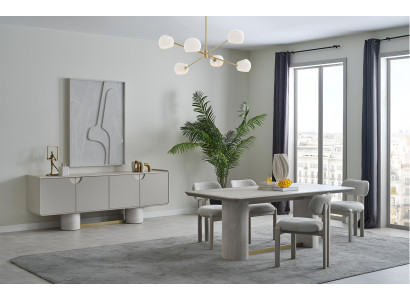 Moderne Graue Esszimmer Garnitur Edler Esstisch Textilstühle Sideboard