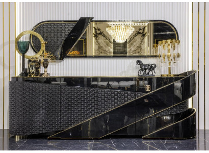 Exklusives Schwarzes Sideboard Designer Spiegel Luxus Holzmöbel