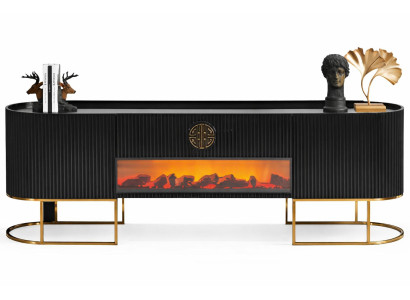 Elegante TV-Einheit mit dekorativem Kamin und goldenen Akzenten