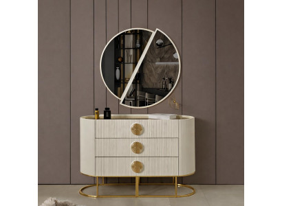 Elegantes Set aus ovalem Kommodenmöbel und geteilter Spiegelwand