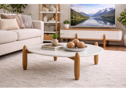 Exklusiver Weißer Rundtisch Wohnzimmertisch Edle Holzfüße Sofatisch