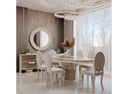 Exklusive Essgruppe Creme Tisch Stühle Sideboard Rundspiegel