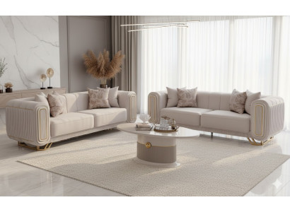 Elegante Sofagarnitur Creme Gold 2 Sofas und Couchtisch
