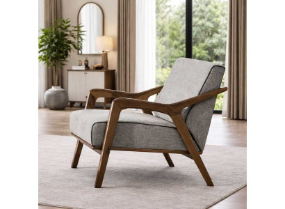 Grauer Einsitzer Designer Textilsessel Edles Holzgestell Stoffsessel