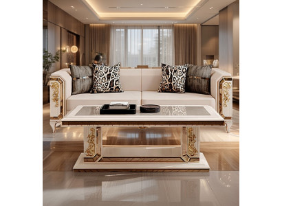 Edles Sofa mit goldenen Akzenten und eleganten Couchtisch