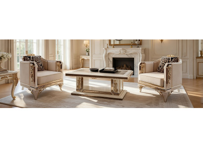 Edles Sessel Set mit goldenen Details und elegantem Couchtisch