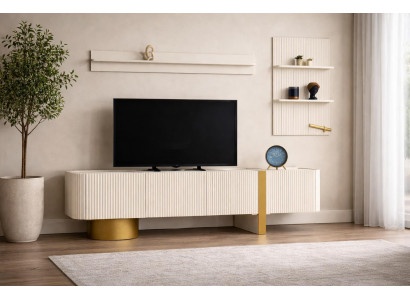 Moderne Möbelkombination aus TV-Lowboard Wandregal und Regalmodul