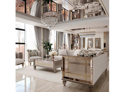Elegante Sitzgruppe Beige Gold mit 2 Sofas Sesseln und Couchtisch